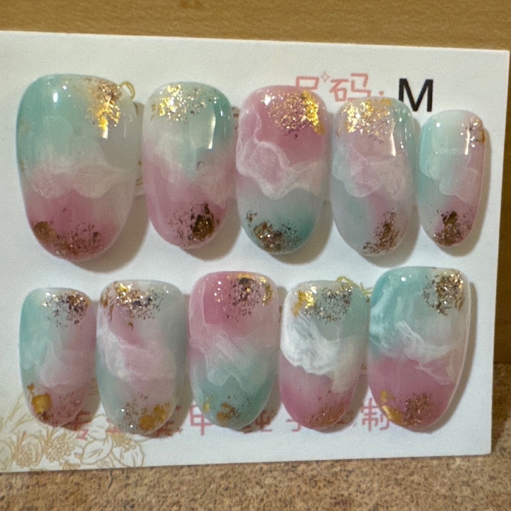 Pink Mint Green Watercolor Marble Press On Nails Gold Foil Flakes Size M 10pc